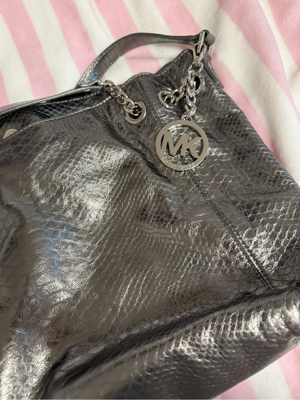 Michael Kors Metallic Black Snake-Embossed Shoulder Bag WITH matching Wallet